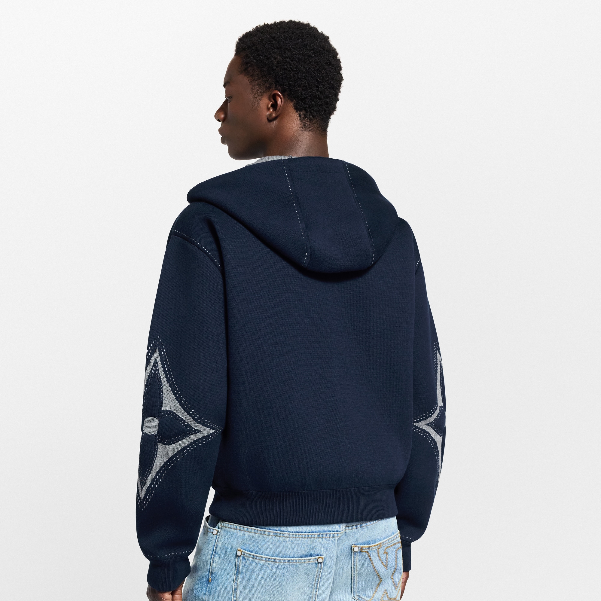 Graphic Intarsia Zipped Cotton Hoodie - Luxury Blue | LOUIS VUITTON